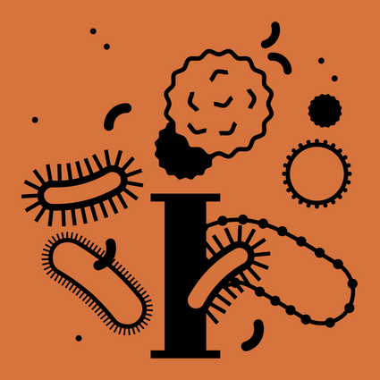 Illustration des Buchstaben "i", um ihn herum Bakterien in unterschiedlichen Formen. 
