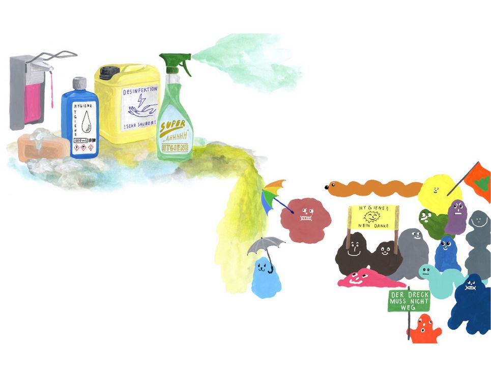 Humoristische Illustration von Bakterien, die gegen Seife, Desinfektionsmittel und Putzmittel demonstrieren.