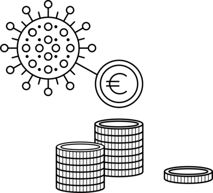 Illustration eines Coronavirus', dessen Spikes zu Euro-Münzen werden.