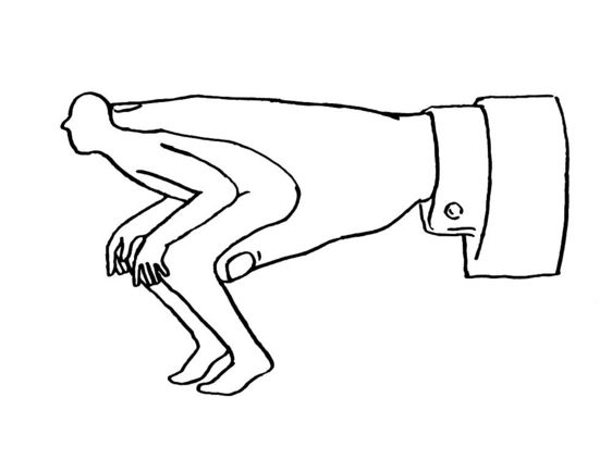 Illustration einer übergroßen Hand, die eine Person von hinten fasst.
