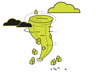 Illustration eines Wirbelsturms zwischen kleinen Häusern und Wolken.