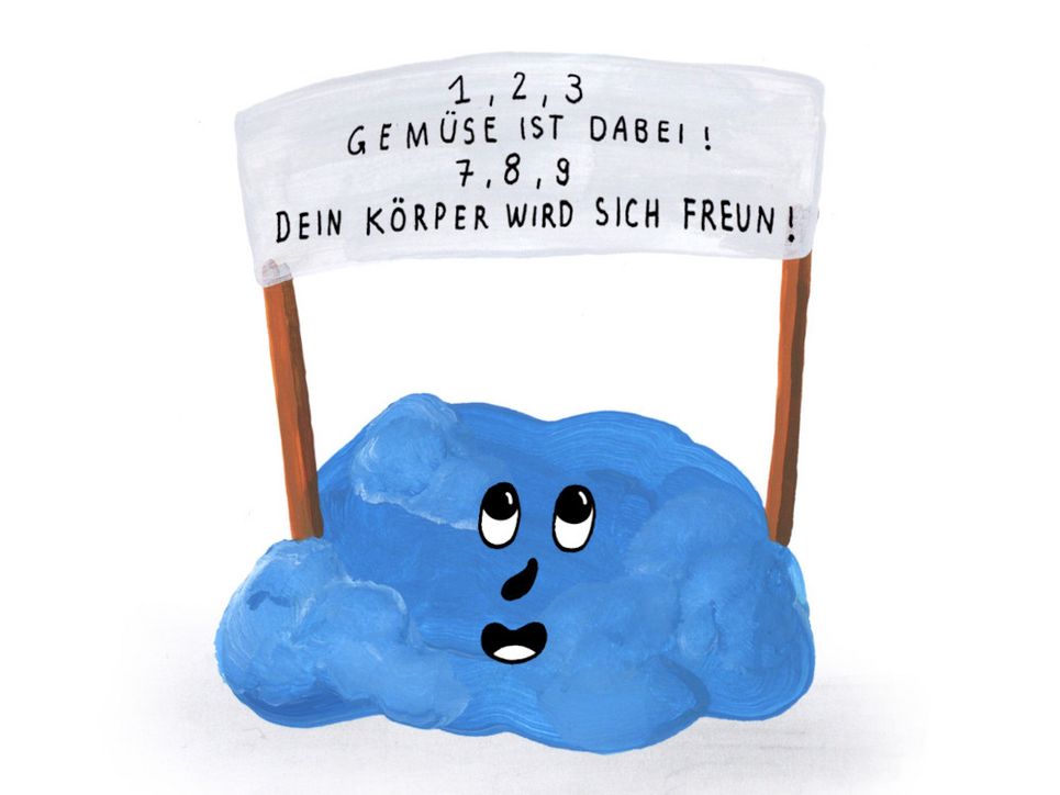 Humoristische Illustration eines Bakteriums mit Demo-Banner, auf dem steht: "1,2,3, Gemüse ist dabe, 7,8,9, dein Körper wird sich freun!"