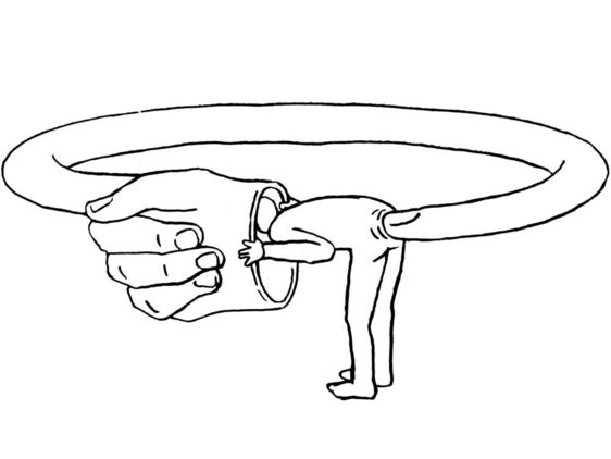 Illustration einer Hand mit überlangem Zeigefinger, der eine Person von hinten anstaubst. Zusammen ergibt sich ein Kreis.