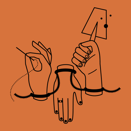Illustration von drei festgeketteten Händen. Eine hält eine Nadel mit Faden, eine andere eine Schaufel und eine trägt einen Ring und Nagellack.