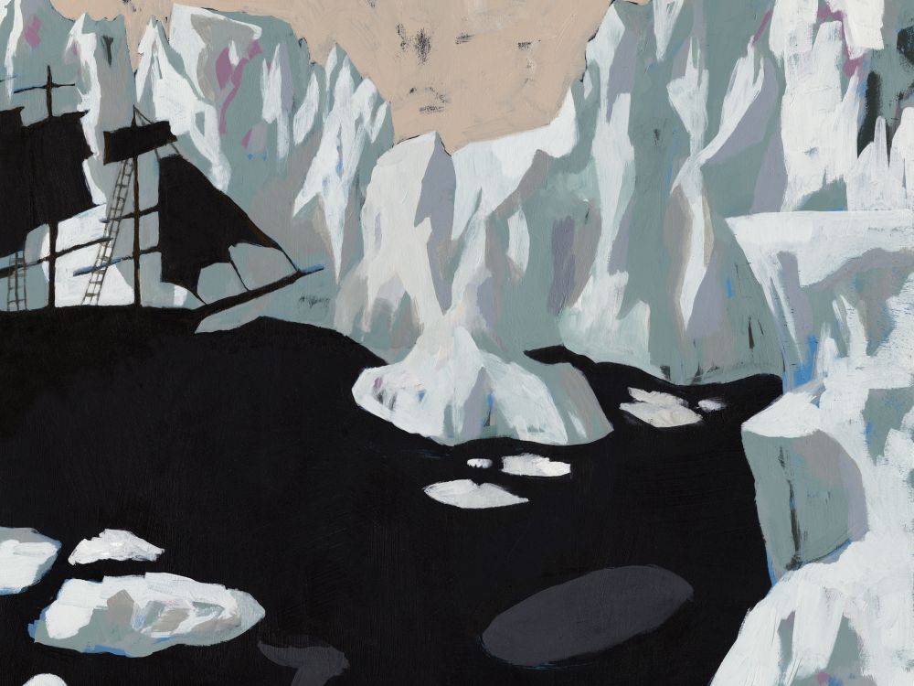 Illustration eines Segelbootes vor einem Eisberg inmitten von Eisschollen.