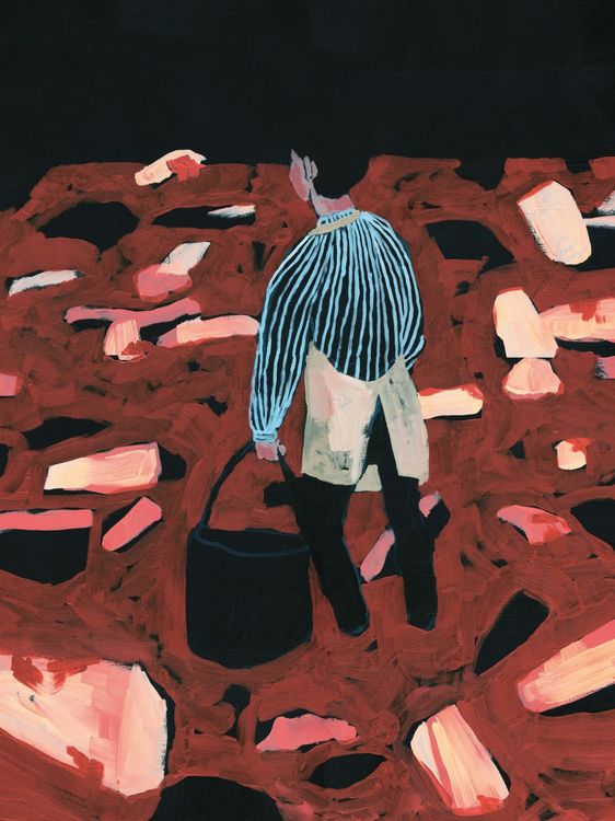 Illustration eines Jungen mit einem Eimer auf scholligem Untergrund.