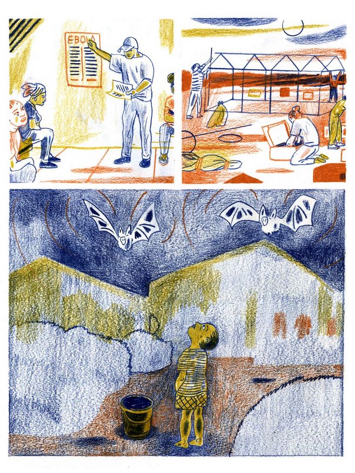 Bunte Zeichnung mit drei Bildabschnitten: Eine Person, die etwas erklärt, hinter ihr ein Plakat mit der Aufschrift »EBOLA«; Menschen, die ein Zelt errichten und ein Kind in der Nacht vor einem Zelt, über dem Fledermäuse fliegen.