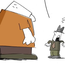 Comic-Zeichnung einer korpulenten Person, die eine kleiner Person mit Hut beschimpft.