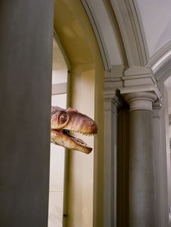 Kopf eines Dinosauriers schaut aus einem Torbogen hervor.