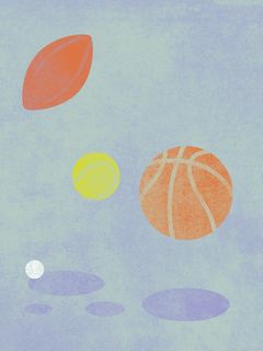 Bunte Illustration eines Basketballs, eines Tennisballs, eines Tischtennisballs und eines Rugbyballs.