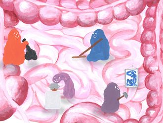 Humoristische Illustration von Bakterien im Darm.