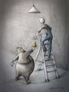 Illustration einer dünnen Person, die auf eine Leiter steigt, die unter einer Lampe steht und einer dicken Person, die ihr eine Speisebirne reicht.