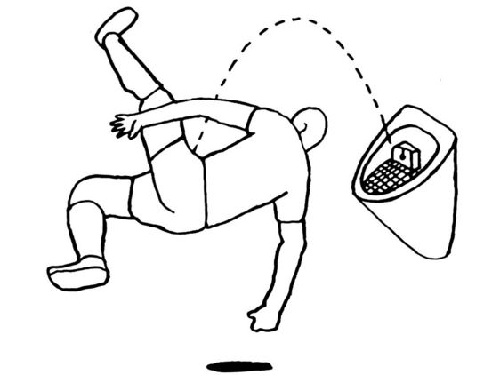 Illustration eines Mannes, der springend in ein Urinal pinkelt.