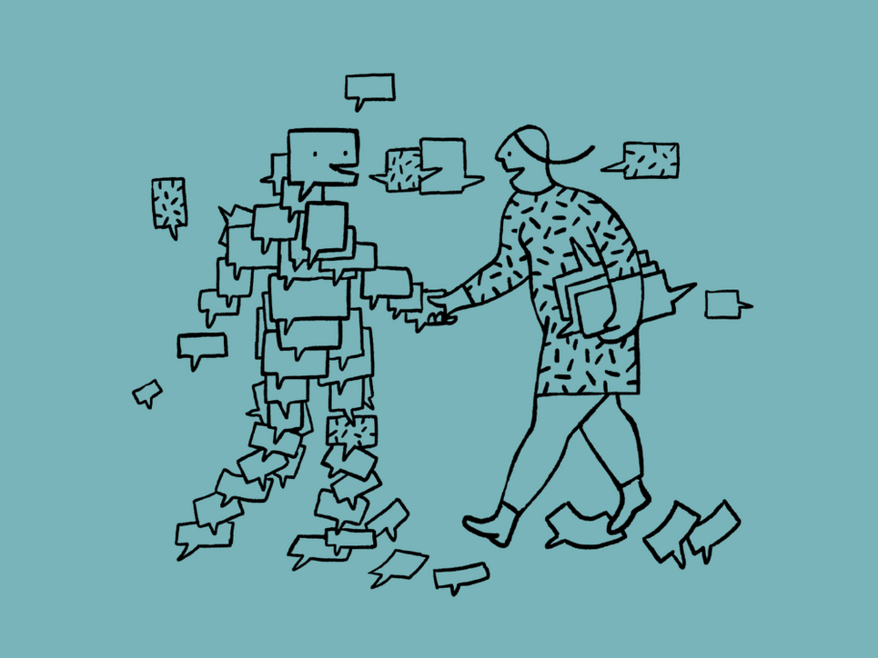 Illustration einer Person, die einer menschenförmigen Figur aus zahlreichen Sprechblasen die Hand schüttelt. Um beide schweben weitere Sprechblasen.
