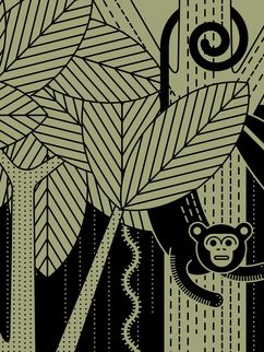 Illustration:Große Blätter, Stämme, Affe hängt an einem Baum, Insekten, eine Schlange.