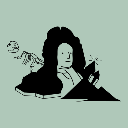 Illustration von Gottfried Wilhelm Leibniz mit einem Dinosaurier und funkelnden Diamanten.