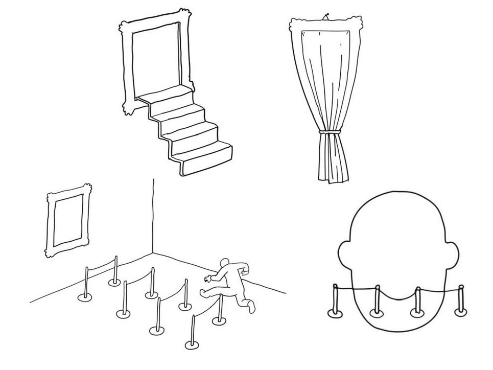 Illustration von Absprerrungen an einer Museumskasse, über die eine Person drüberspringt, ein Fenster mit Treppe, ein Vorhang und ein Großer Kopf, vor einer Absperrung.