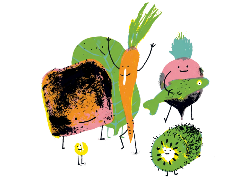 Illustration verschiedener Lebensmittel wie Brot, Karotte, Fisch, Kiwi und Blattgemüse mit Gesichtern.