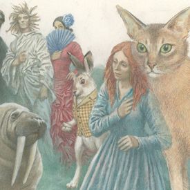 Bunte Zeichnung von mehreren Personen, einem Walrolss, einem Hasen, einer Katze und einem rothaarigen Mädchen.