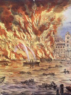 Gemälde des brennenden Londons, im Vordergrund die Themse mit vielen Booten.