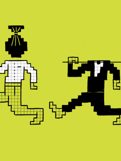 Illustration zeigt eine Figur, die statt eines Kopfes einen Geldsack auf dem Oberkörper hat, und eine zweite Figur ohne Kopf, die den Geldsack stattdessen über der Schulter an einem Stock trägt.
