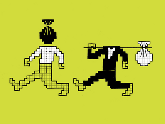 Illustration zeigt eine Figur, die statt eines Kopfes einen Geldsack auf dem Oberkörper hat, und eine zweite Figur ohne Kopf, die den Geldsack stattdessen über der Schulter an einem Stock trägt.