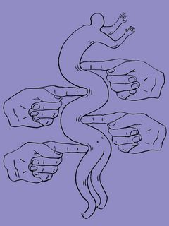 Illustration eines langen menschlichen Körpers, der von vier Händen in unterschiedliche Richtungen gestupst wird und sich schlangenförmig windet.