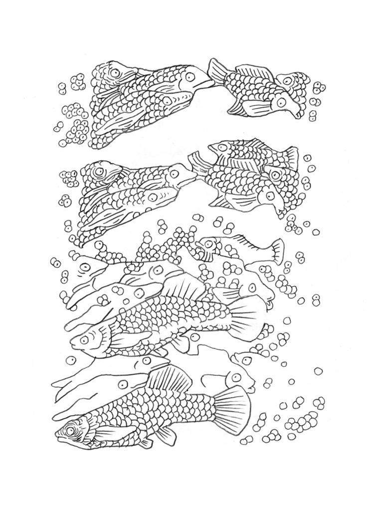 Illustration vieler  Fische, die durch Luftblasen und Eier Schwimmen.