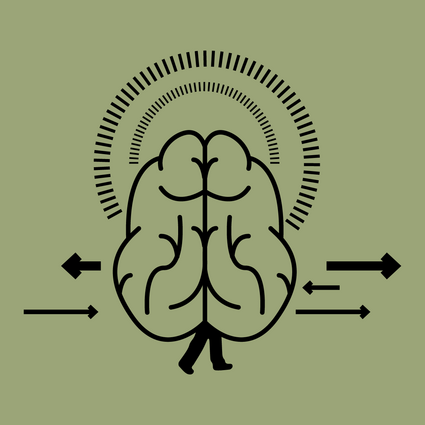 Illustration eines Gehirns mit Beinen, von dem aus Pfeile nach links und rechts zeigen.
