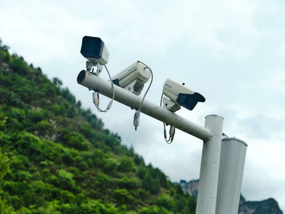 Drei Kameras, die in unterschiedliche Richtungen zeigen, vor einem bewaldeten Hügel.