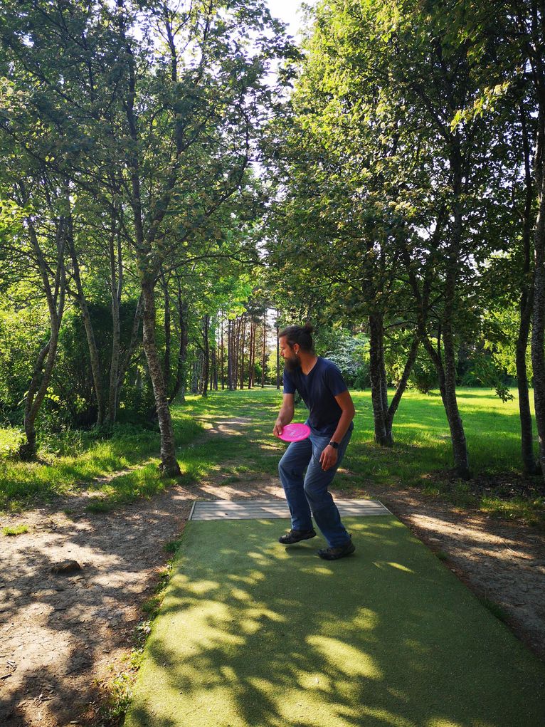 Kai Sommer spielt Discgolf in einem kleinen, lichten Wäldchen.