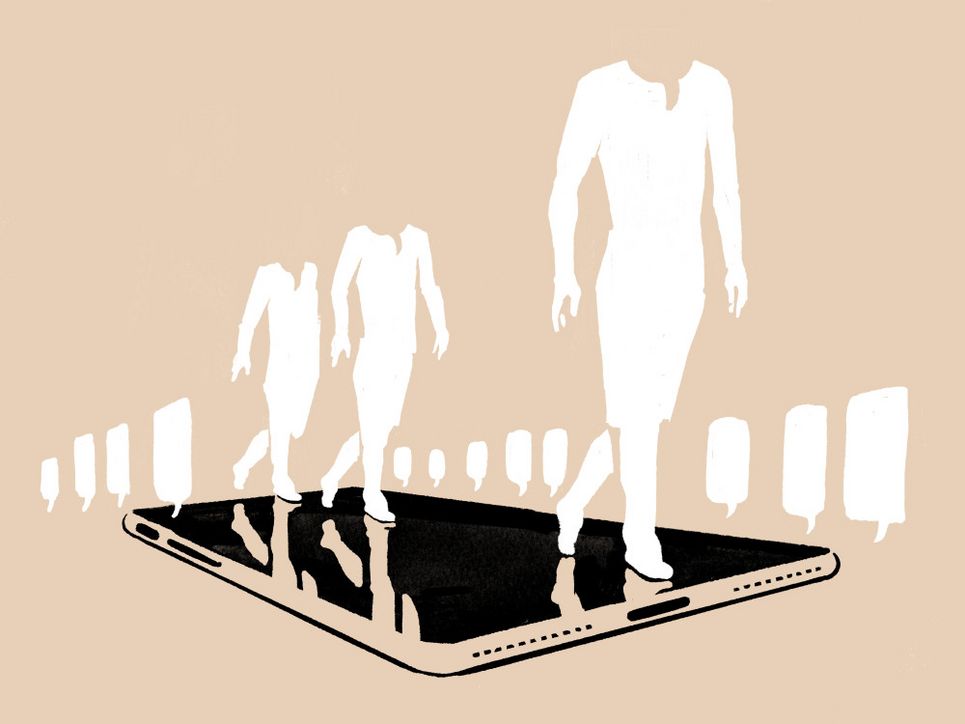 Illustration: ein Smartphone wird zum Laufsteg, über den Personen ohne Köpfe gehen.