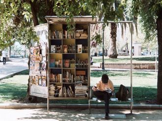Ein öffentliches Bücherregal mit einer lesenden Person.