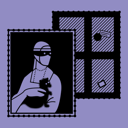 Illustration einer Person mit Augenbinde, die ein Tier streichelt. Außerdem ein Fenster mit Löchern und einem Zettel.