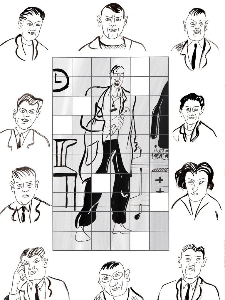 Schwarz Weiß Illustration von dem "Arzt" und den Opfern bzw. Zeugen