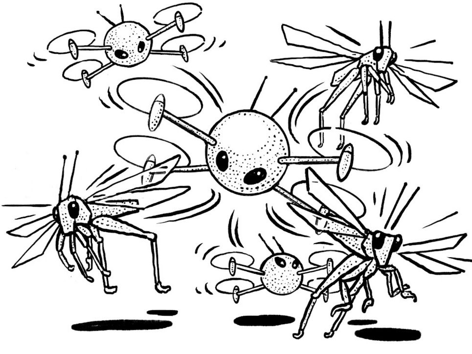 Zwischen Insekten fliegen kleine runde Roboter herum, die mit zwei Antennen und vier Sensoren ausgestattet sind.