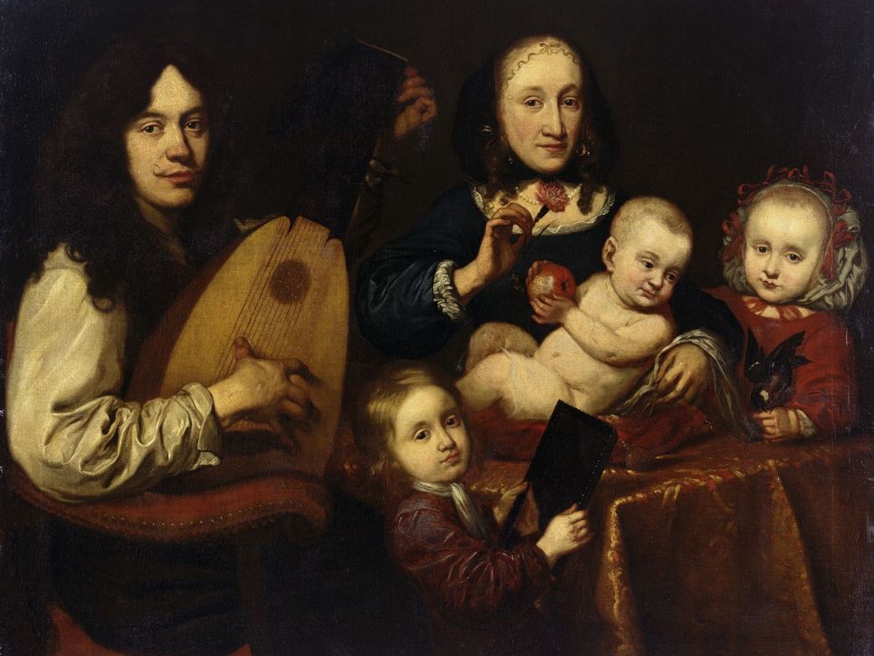 Historisches Selbstbildnis von Daniel Preisler mit einer Laute neben seiner Frau und drei kleinen Kindern.