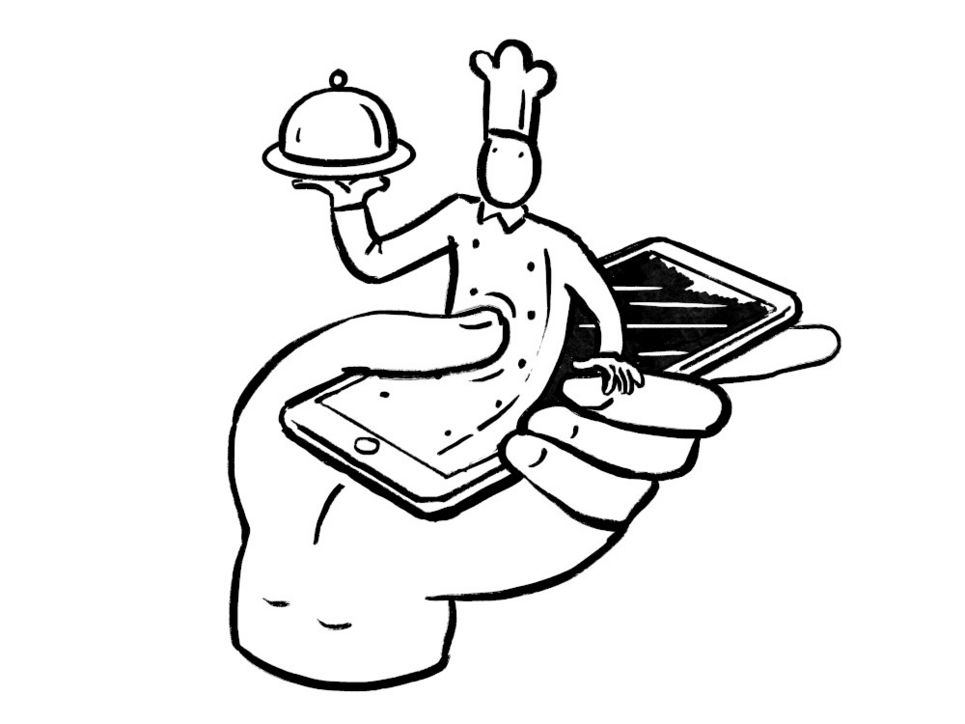 Eine Hand hält ein Smartphone, aus dem sich gleichsam ein Koch erhebt, der auf einer Hand eine Speisehaube präsentiert. 