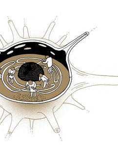 Zeichnung einer Nervenzelle die von Strichmännchen gewartet wird
