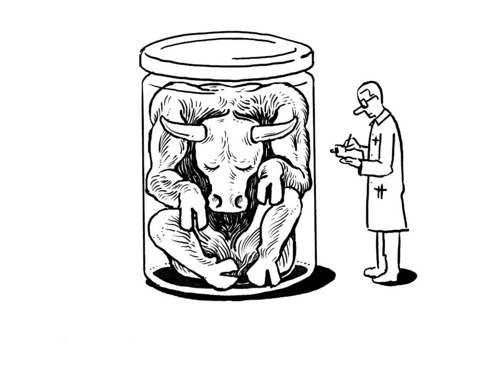 Eine Kuh oder ein Rind ist in ein Schraubglas gezwängt, davor steht ein Wissenschaftler mit Kittel und Brille, der etwas auf einem Block notiert.