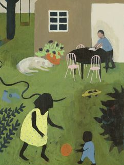Bunte Illustration von spielenden Kindern im Garten, während eine männlich gelesene Person einen Tisch deckt.