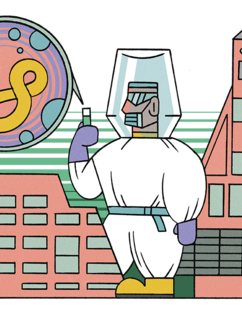 Illustration des Bernard-Nocht-Instituts und einem Wissenschaftler in Schutzanzug.