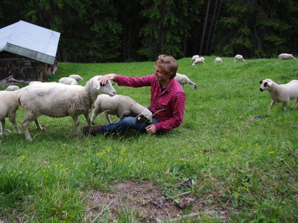 Christian Reichel sitzt im Gras und streichelt Schafe.