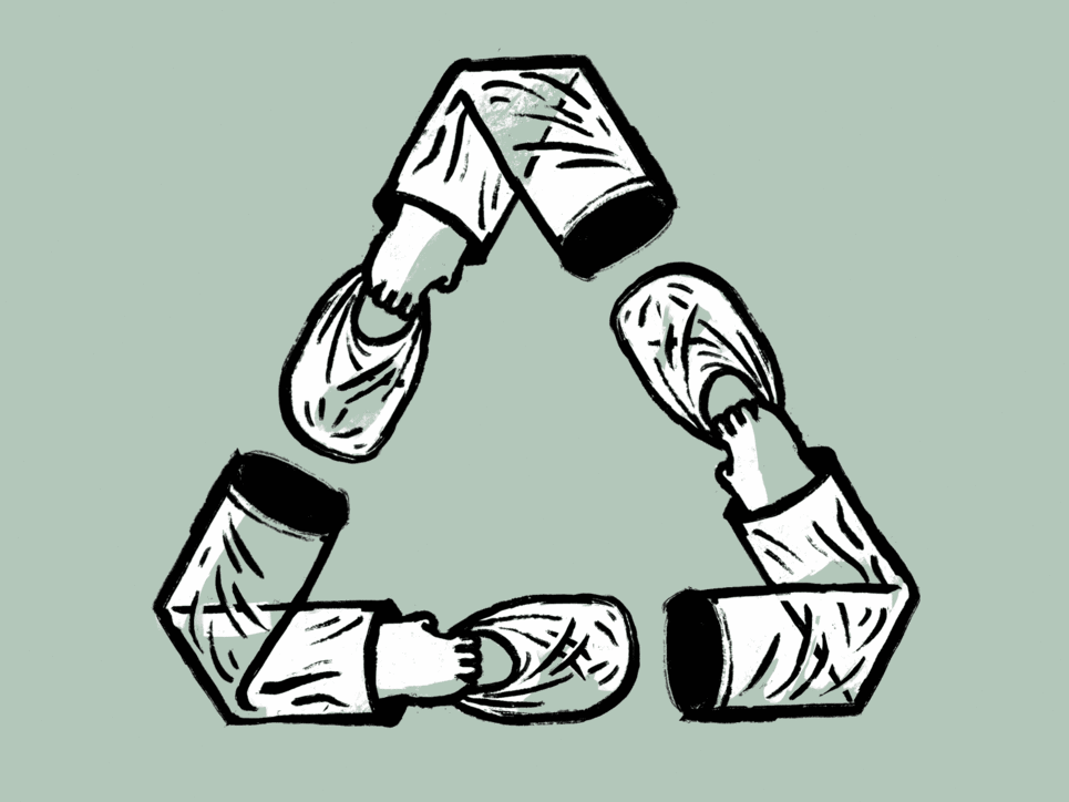 Illustration eines Recycling-Dreieck-Symbols. Es besteht aus drei Armen, die jeweils einen Sack halten.