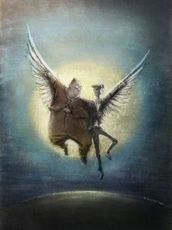 Zeichnung von zwei fliegenden Personen: Eine ältere, dicke und eine junge, mit Kopfhörern. Sie fliegen Arm in Arm.