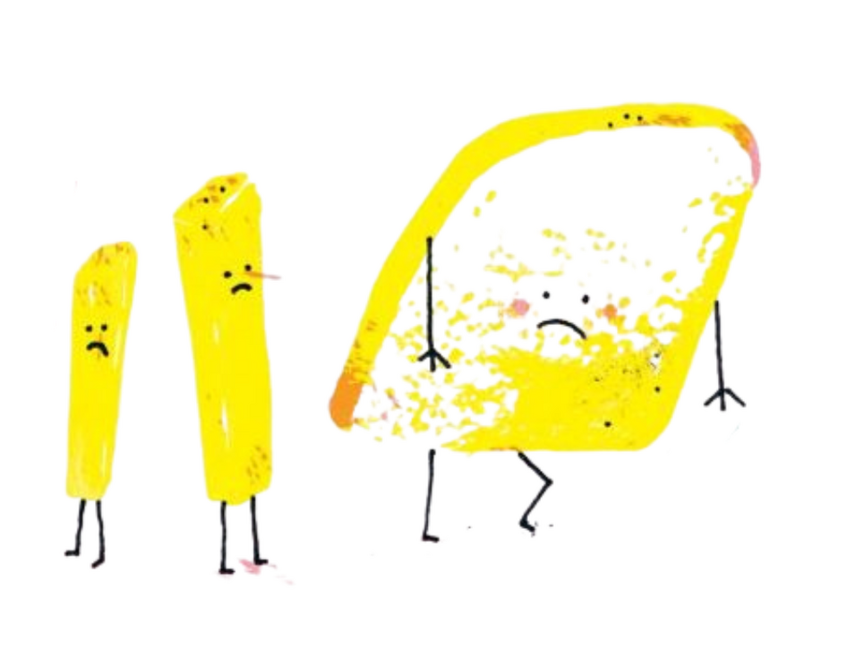 Illustration von zwei Pommes und einem Kartoffelchip mit traurigen Gesichtern.