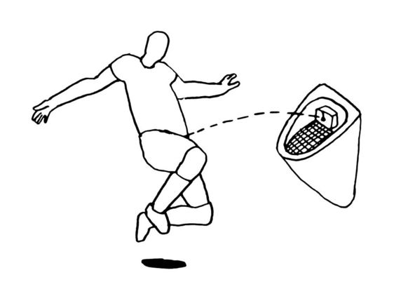 Illustration eines Mannes, der springend in ein Urinal pinkelt.
