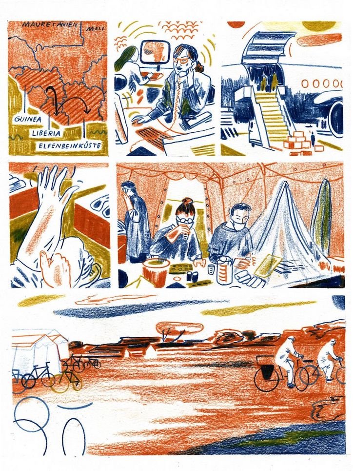 Bunt gezeichnete Bildabschnitte zeigen eine Landkarte von Guinea, Liberia und der Elfenbeinküste; Personen im Büro; ein Flugzeug; eine Arm; Menschen beim Essen in einem Zelt und Menschen auf Rädern zwischen Zelten.