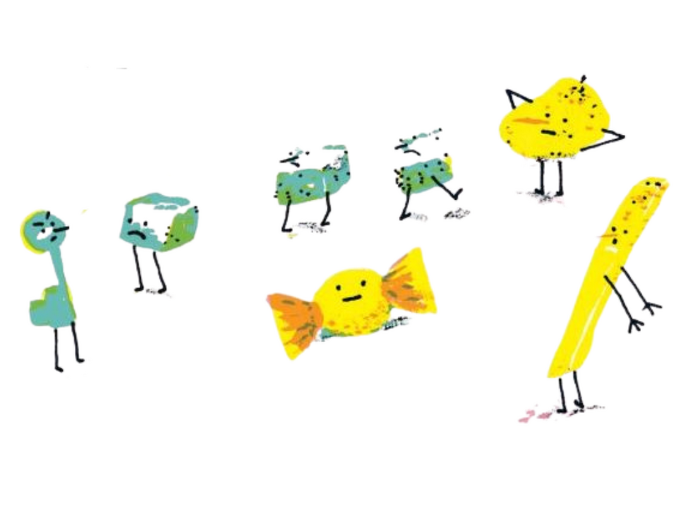 Illustration von Zuckerwürfeln, einem Bonbon, Kartoffel und Pommes mit Gesichtern, Händen und Füßen.