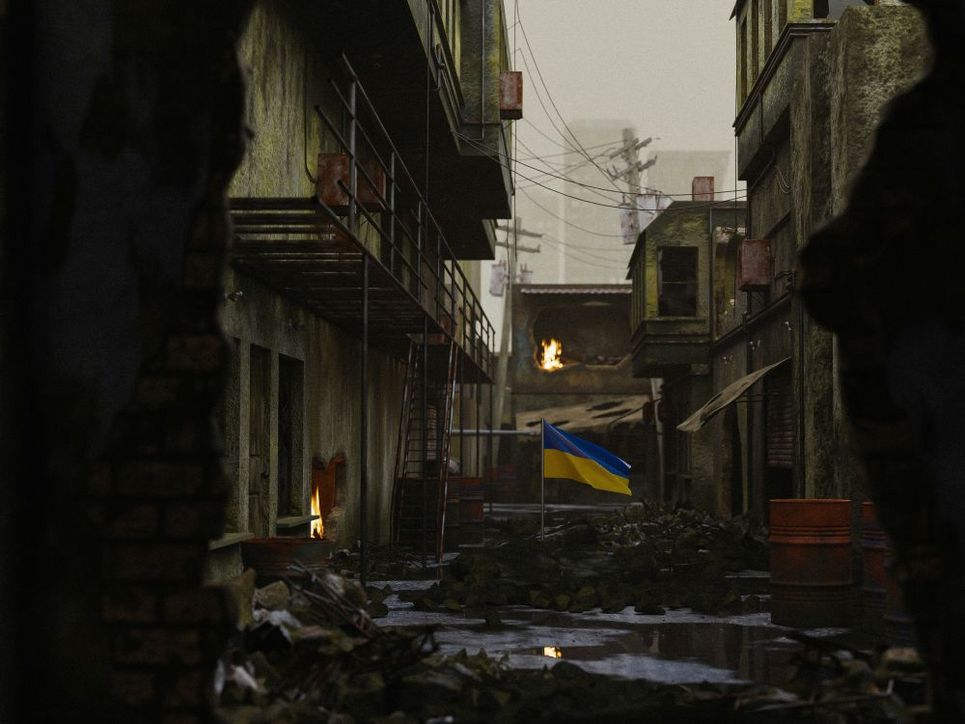 Foto eines Innenhofes mit brennenden Gebäuden und einer ukrainischen Flagge